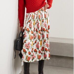 NWOT Commission Fanny Pleated Floral White/Multi Satin/Jacquard Midi SkirtM $805